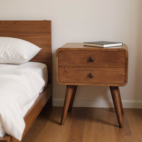 HomeRoots 22" Brown Solid Mango Wood Nightstand with Two Drawers for Mid-Century Style and Versatile Storage 651602
