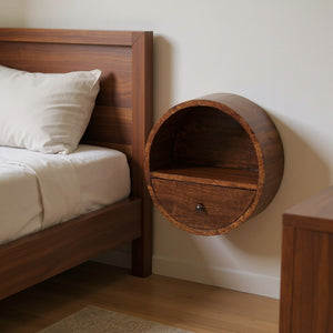 HomeRoots 16" Chestnut Solid Wood Floating Nightstand - Stylish Round Design with Drawer & Open Shelf Storage 651605