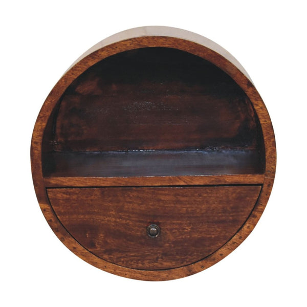 HomeRoots 16" Chestnut Solid Wood Floating Nightstand - Stylish Round Design with Drawer & Open Shelf Storage 651605