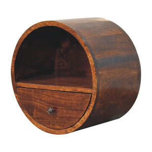 HomeRoots 16" Chestnut Solid Wood Floating Nightstand - Stylish Round Design with Drawer & Open Shelf Storage 651605