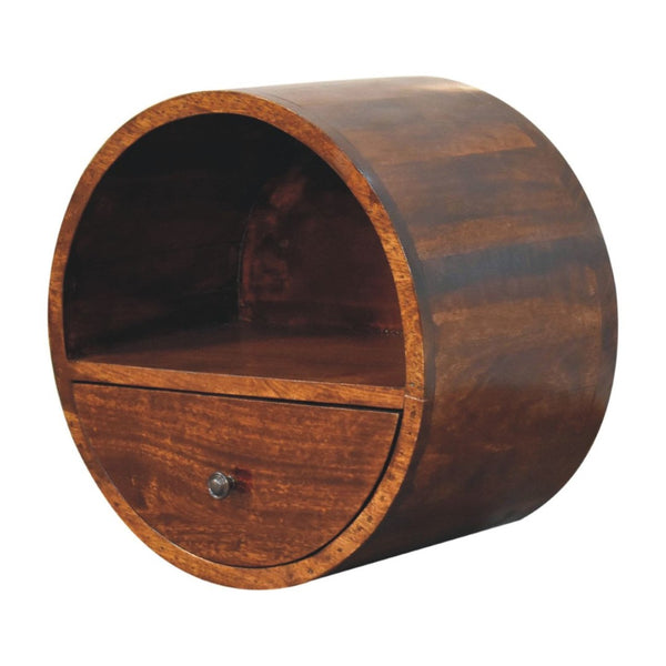 HomeRoots 16" Chestnut Solid Wood Floating Nightstand - Stylish Round Design with Drawer & Open Shelf Storage 651605