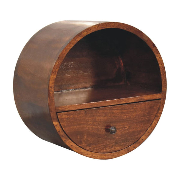 HomeRoots 16" Chestnut Solid Wood Floating Nightstand - Stylish Round Design with Drawer & Open Shelf Storage 651605