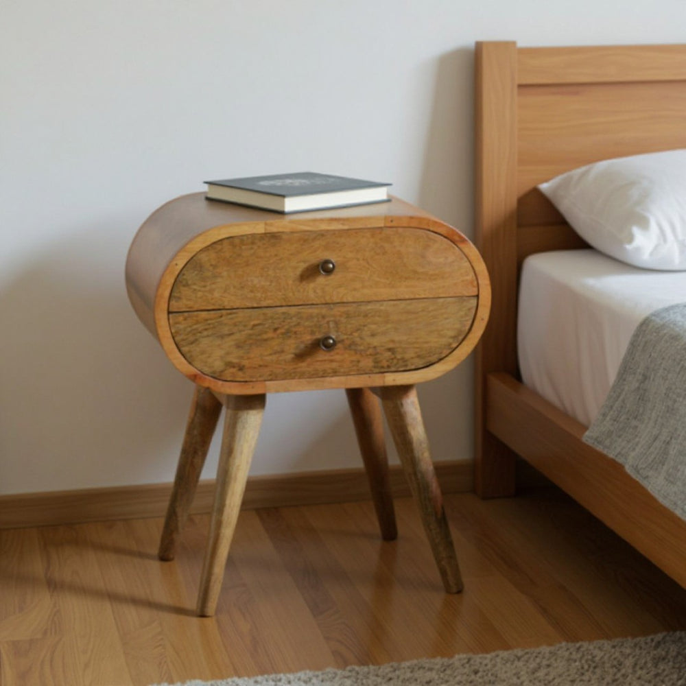 HomeRoots 21" Light Brown Solid Wood Oval Nightstand with Two Drawers - Vintage Charm for Any Space 651607