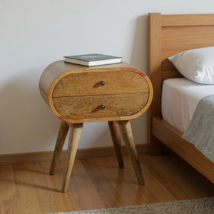 HomeRoots 21" Light Brown Solid Wood Oval Nightstand with Two Drawers - Vintage Charm for Any Space 651607