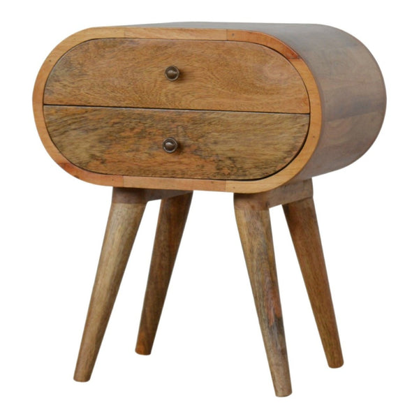 HomeRoots 21" Light Brown Solid Wood Oval Nightstand with Two Drawers - Vintage Charm for Any Space 651607