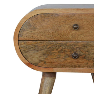 HomeRoots 21" Light Brown Solid Wood Oval Nightstand with Two Drawers - Vintage Charm for Any Space 651607