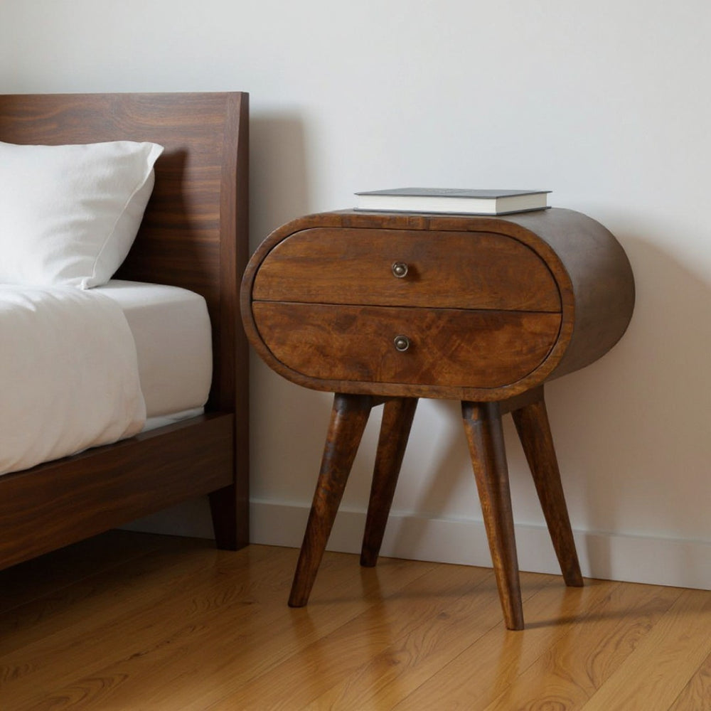 HomeRoots 21" Rustic Solid Mango Wood Oval Nightstand with Two Drawers - Vintage Charm for Any Space 651608