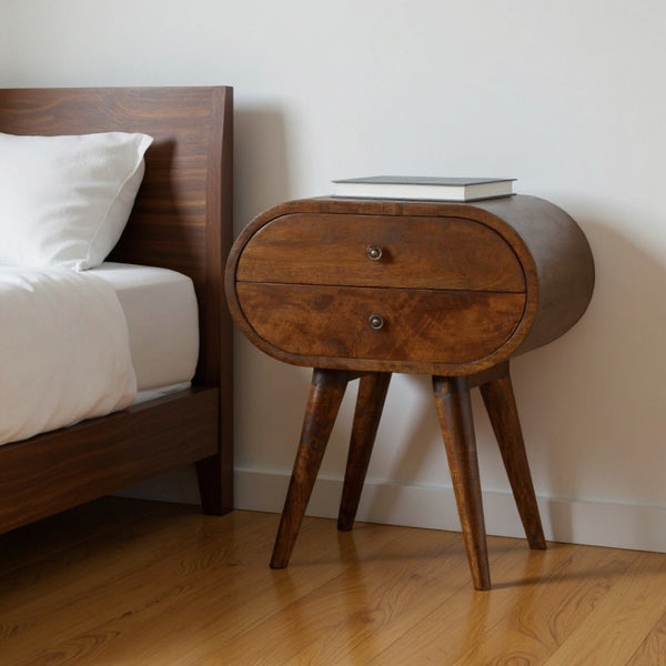 HomeRoots 21" Rustic Solid Mango Wood Oval Nightstand with Two Drawers - Vintage Charm for Any Space 651608