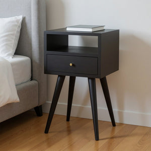 HomeRoots 22" Black Solid Wood Nightstand - Modern Compact Design with Drawer & Open Shelf for Smart Storage 651609