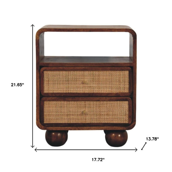 HomeRoots 22" Handcrafted Solid Mango Wood Nightstand with Cane Rattan Drawers – Versatile & Stylish Accent Piece 651611