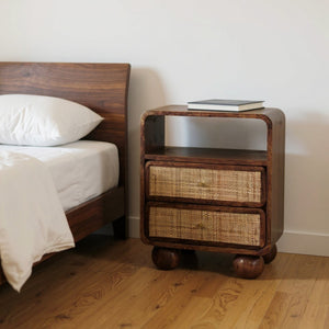 HomeRoots 22" Handcrafted Solid Mango Wood Nightstand with Cane Rattan Drawers – Versatile & Stylish Accent Piece 651611