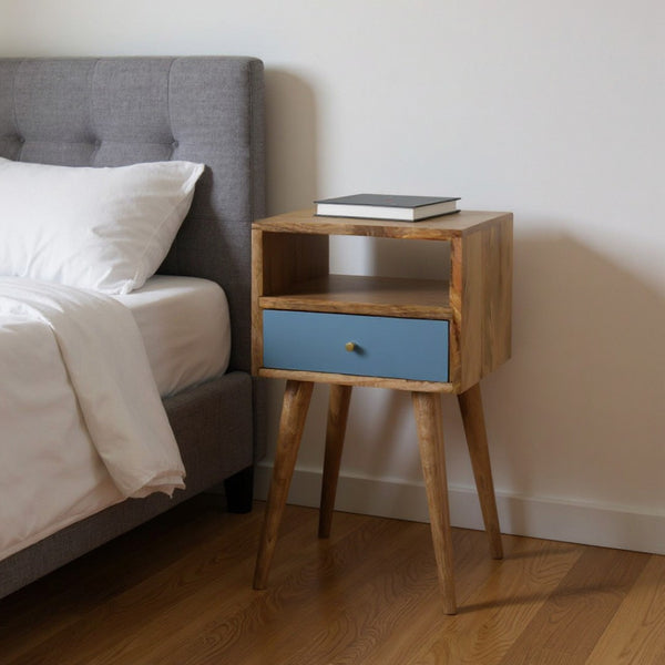 HomeRoots 22" Handcrafted Solid Mango Wood Nightstand with Blue Drawer - Stylish, Versatile, and Durable Storage Solution 651612