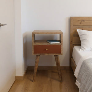 HomeRoots 22" Handcrafted Solid Mango Wood Nightstand with Colorful Drawer & Open Shelf for Stylish Storage 651613