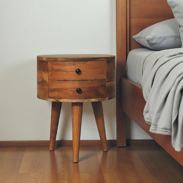 HomeRoots 20" Brown and Oak Solid Wood Nightstand - Handcrafted Oval Design with 2 Drawers for Stylish Storage 651614