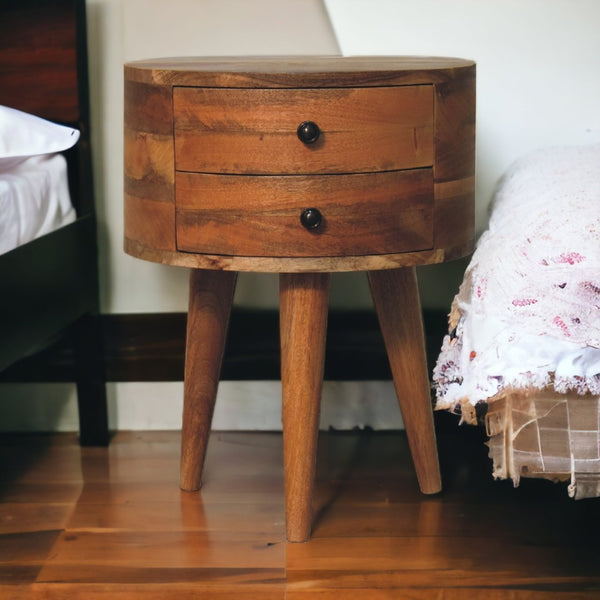 HomeRoots 20" Brown and Oak Solid Wood Nightstand - Handcrafted Oval Design with 2 Drawers for Stylish Storage 651614