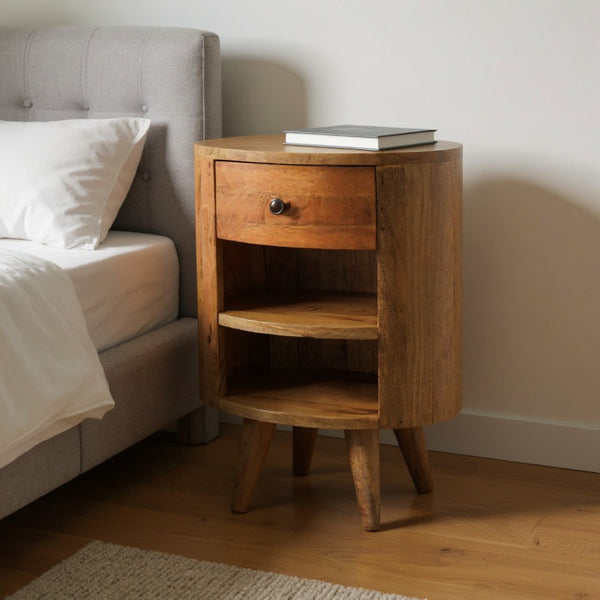 HomeRoots 22" Brown Round Nightstand with Drawer & Shelves - Stylish Solid Wood Design for Modern Spaces 651615