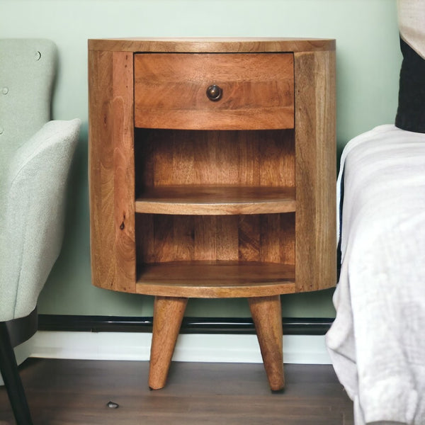 HomeRoots 22" Brown Round Nightstand with Drawer & Shelves - Stylish Solid Wood Design for Modern Spaces 651615