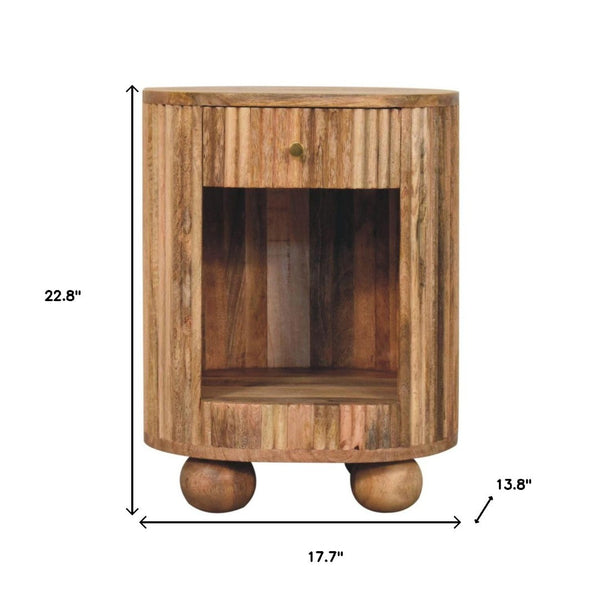 HomeRoots 23" Handcrafted Solid Mango Wood Oval Nightstand with Ribbed Texture & Practical Storage Solutions 651616