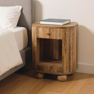 HomeRoots 23" Handcrafted Solid Mango Wood Oval Nightstand with Ribbed Texture & Practical Storage Solutions 651616