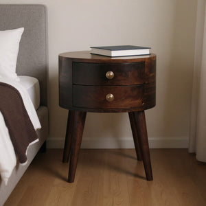 HomeRoots 20" Brown Solid Wood Round Nightstand with Two Drawers – Stylish, Space-Saving Accent Table for Any Room 651618