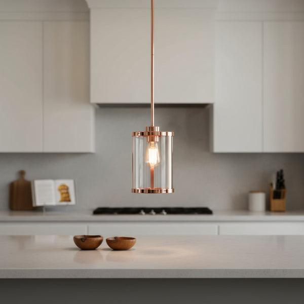 HomeRoots Rose Gold Cylinder Ceiling Light - Modern Iron Fixture with Adjustable Length & Clear Glass Shades 651631