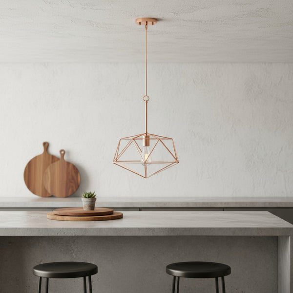 HomeRoots Rose Gold Caged Iron Ceiling Light – Modern Industrial Pendant with Adjustable Hanging Design 651635