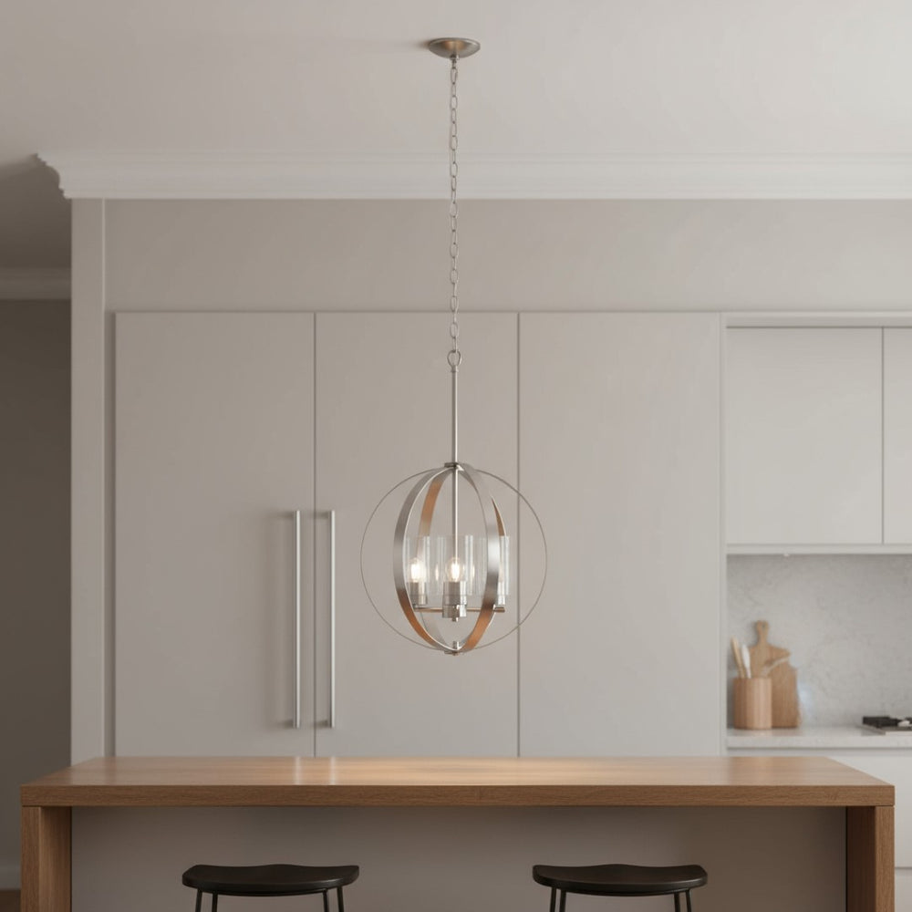 HomeRoots Nickel Three-Light Ceiling Fixture with Clear Glass Spheres - Adjustable Modern Pendant Lighting 651641