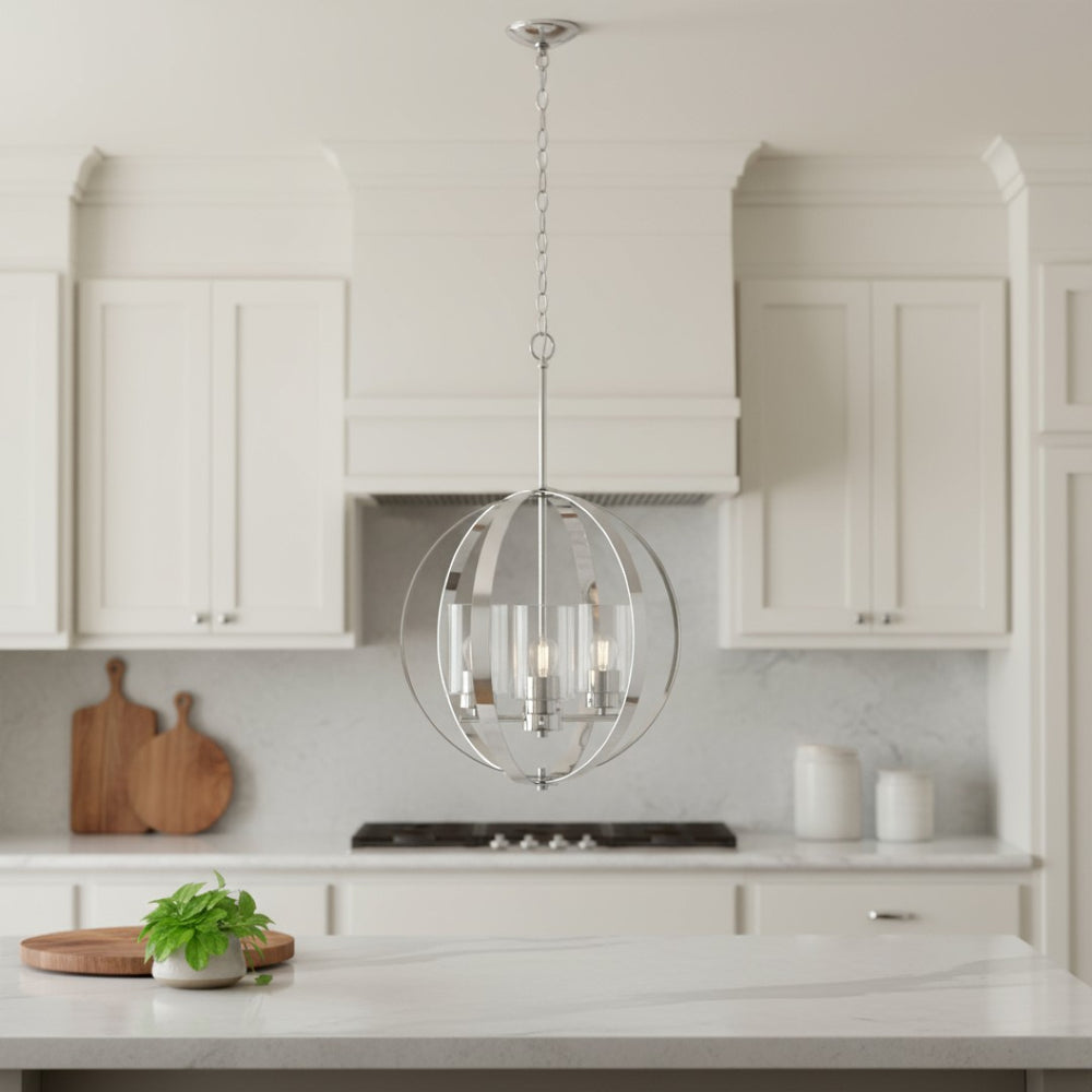 HomeRoots Clear Sphere Three-Light Iron Ceiling Fixture with Silver Accents for Modern and Classic Interiors 651642