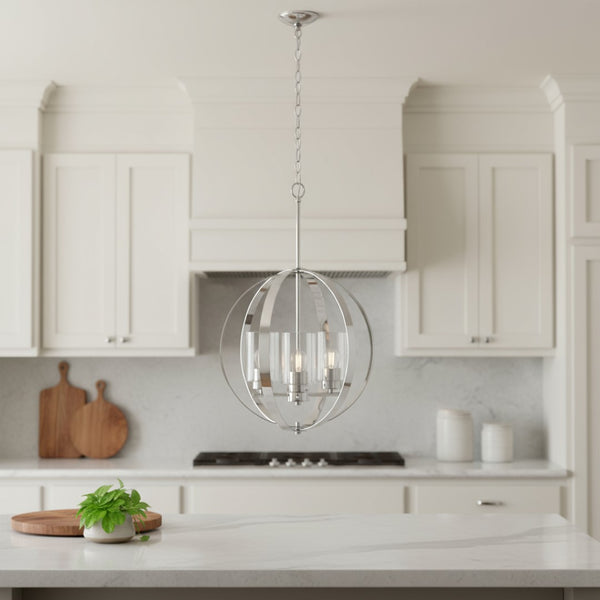 HomeRoots Clear Sphere Three-Light Iron Ceiling Fixture with Silver Accents for Modern and Classic Interiors 651642