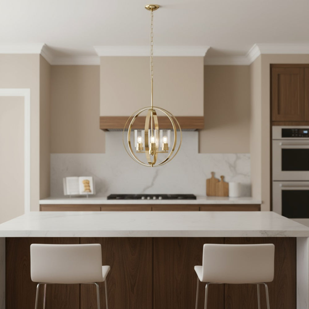 HomeRoots Clear Three-Light Ceiling Fixture with Gold Shades - Elegant Glass & Iron Design for Modern Spaces 651643