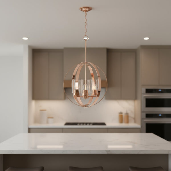 HomeRoots Rose Gold Sphere Three-Light Ceiling Fixture - Elegant Iron Design with Clear Glass Shades for Modern Spaces 651644