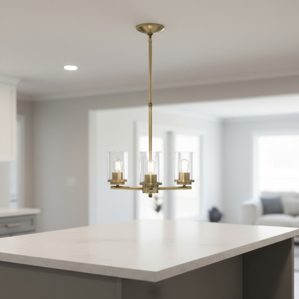 HomeRoots Antiqued Brass Chandelier - Vintage Elegance with Three Clear Glass Shades for Modern Spaces 651647