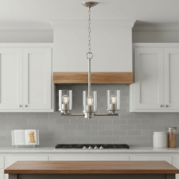 HomeRoots Nickel Three-Light Chandelier with Clear Glass Shades - Modern Iron Ceiling Fixture for Any Space 651648