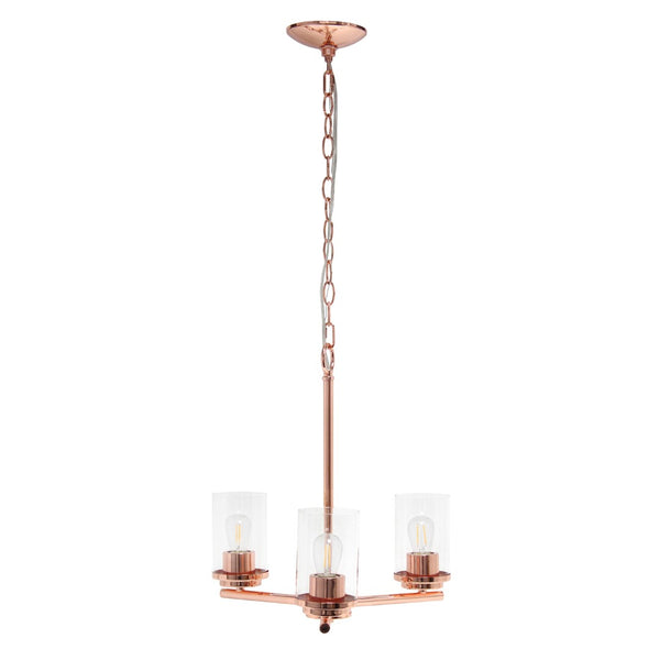 HomeRoots Rose Gold Three-Light Chandelier with Clear Shades – Elegant Iron Ceiling Fixture for Any Space 651651