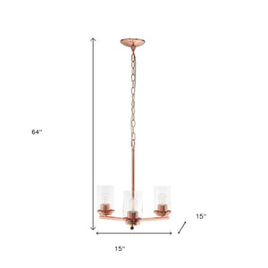 HomeRoots Rose Gold Three-Light Chandelier with Clear Shades – Elegant Iron Ceiling Fixture for Any Space 651651