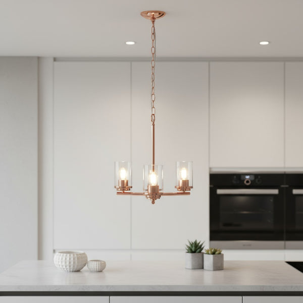 HomeRoots Rose Gold Three-Light Chandelier with Clear Shades – Elegant Iron Ceiling Fixture for Any Space 651651