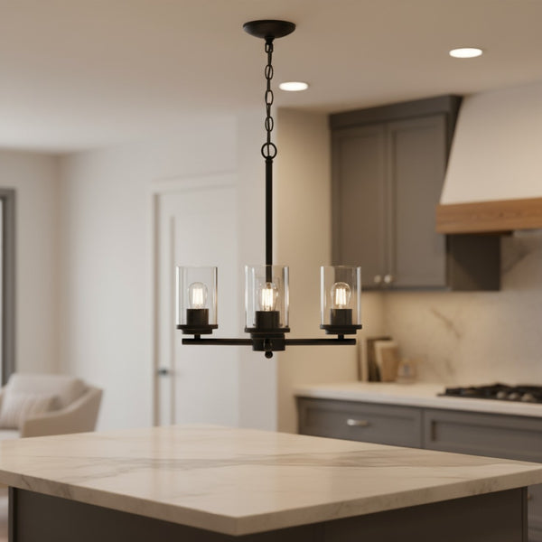 HomeRoots Bronze Three-Light Chandelier with Clear Glass Shades - Elegant Iron Ceiling Light for Any Space 651652
