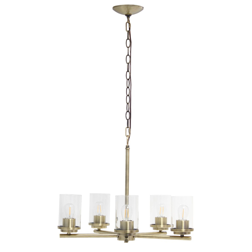 HomeRoots Antiqued Brass Chandelier - Elegant Five-Light Ceiling Fixture with Clear Shades for Timeless Style 651653
