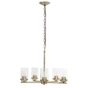 HomeRoots Antiqued Brass Chandelier - Elegant Five-Light Ceiling Fixture with Clear Shades for Timeless Style 651653