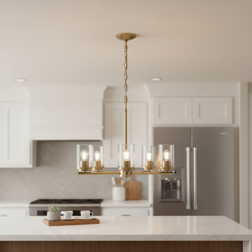 HomeRoots Antiqued Brass Chandelier - Elegant Five-Light Ceiling Fixture with Clear Shades for Timeless Style 651653