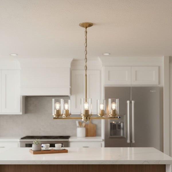 HomeRoots Antiqued Brass Chandelier - Elegant Five-Light Ceiling Fixture with Clear Shades for Timeless Style 651653
