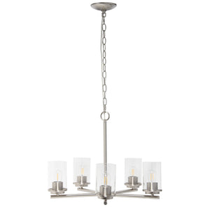 HomeRoots Nickel Elegant Five-Light Chandelier with Clear Glass Shades for a Modern Classic Touch in Any Space 651654