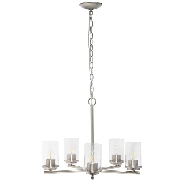 HomeRoots Nickel Elegant Five-Light Chandelier with Clear Glass Shades for a Modern Classic Touch in Any Space 651654