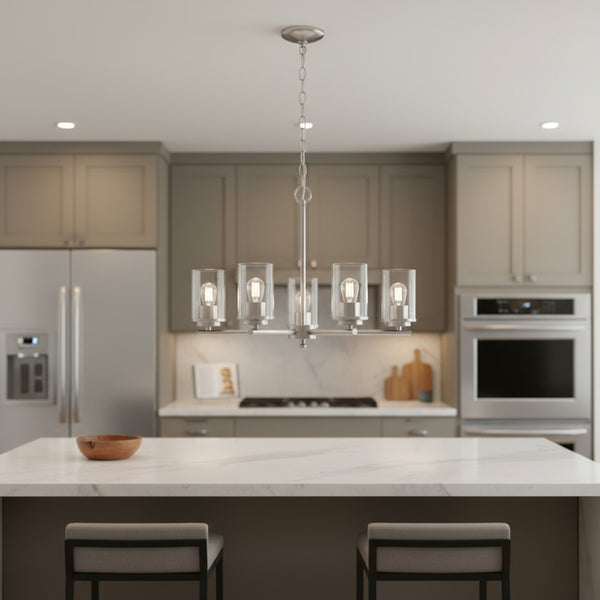 HomeRoots Nickel Elegant Five-Light Chandelier with Clear Glass Shades for a Modern Classic Touch in Any Space 651654