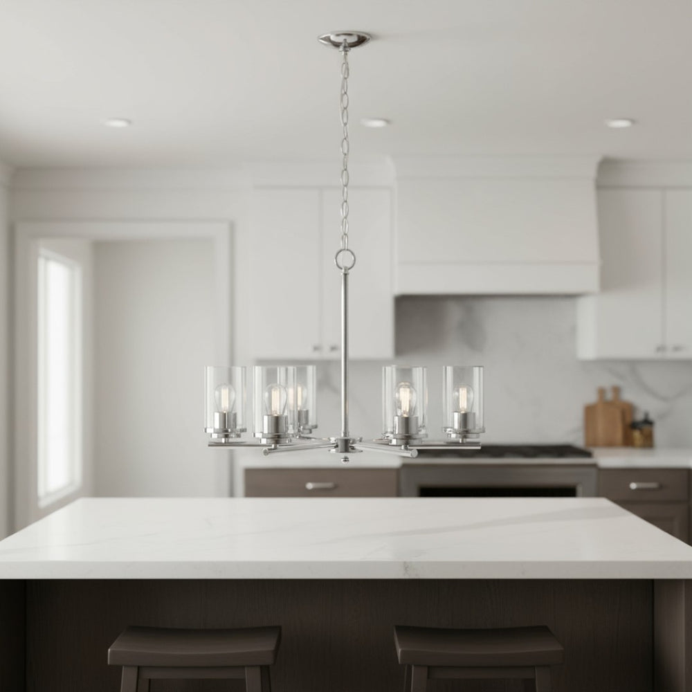 HomeRoots Silver Five-Light Chandelier - Elegant Iron Ceiling Fixture with Clear Glass Shades for Any Space 651655
