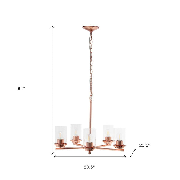HomeRoots Rose Gold Chandelier - Elegant 5-Light Iron Ceiling Fixture with Clear Glass Shades for Modern Spaces 651657