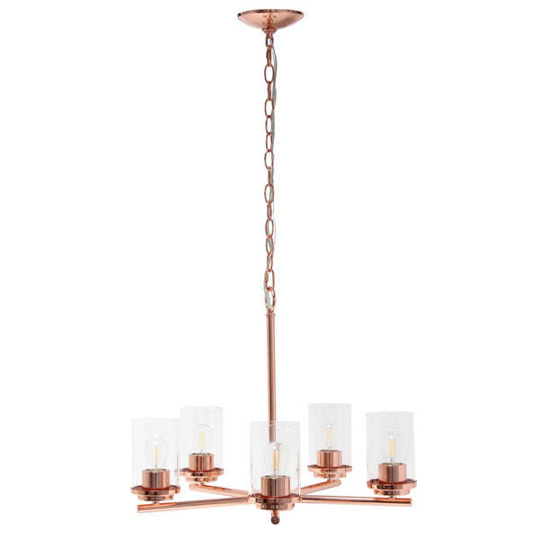 HomeRoots Rose Gold Chandelier - Elegant 5-Light Iron Ceiling Fixture with Clear Glass Shades for Modern Spaces 651657