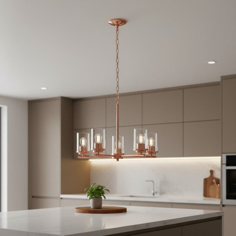 HomeRoots Rose Gold Chandelier - Elegant 5-Light Iron Ceiling Fixture with Clear Glass Shades for Modern Spaces 651657