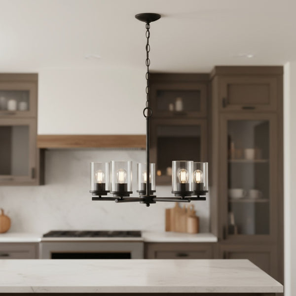 HomeRoots Bronze Five-Light Chandelier with Clear Glass Shades – Elegant Iron Ceiling Light for Any Space 651658