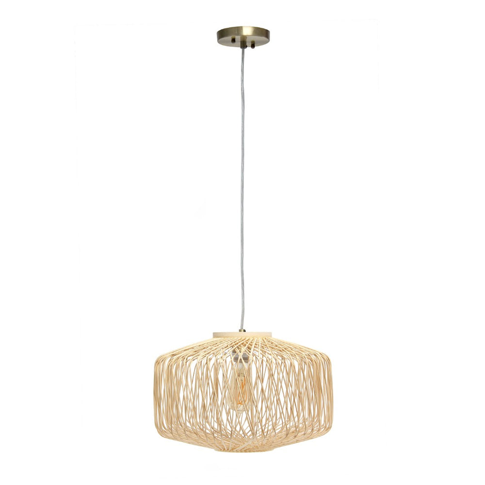 HomeRoots Natural Rattan Ceiling Light with Silver Frame - Adjustable Height, Bohemian Style for Modern Spaces 651675